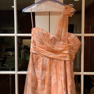 Amsale peach floral print gown.